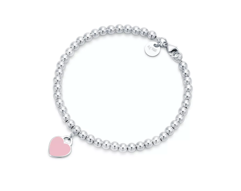 Pink Heart Tag Bead Bracelet in Silver, 4 mm